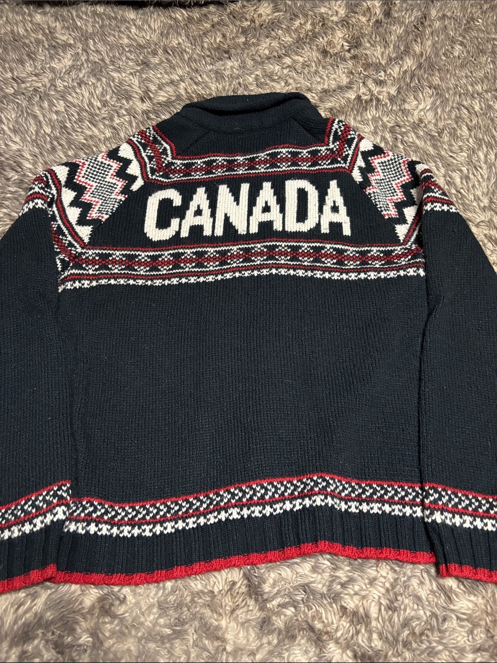 Shawl-Collar Zip Sweater with Red Moose Motif - Navy - Picture 8 of 8